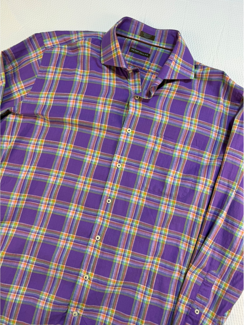 Peter Millar Mens XL Purple Madras Plaid Cotton Button Up Shirt Preppy Golf
